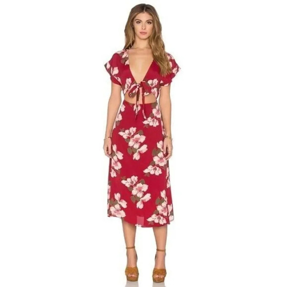 Privacy Please Allard Red Floral Open Waist Midi Dress S - Picture 1 of 8